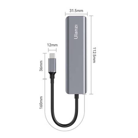 Ulanzi C060 - USB-C - hub 4w1, HDMI, USB-C 3.0, USB-C PD 100W, USB-A 3.0, wymiary